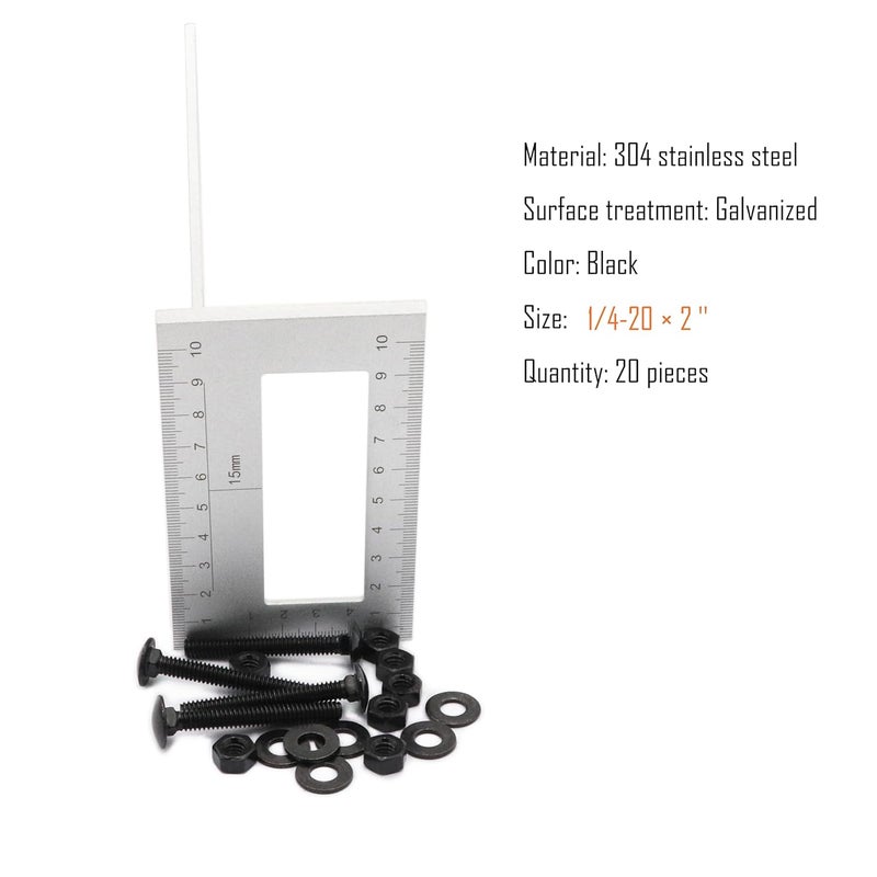 SCXCLY 20 Sets Carriage Bolts Screws, (1/4-20 x 2) Round Head, Square Neck, with (Hex Nuts & Flat Washers), 304 Stainless Steel, Galvanizing (Black) - Image 2